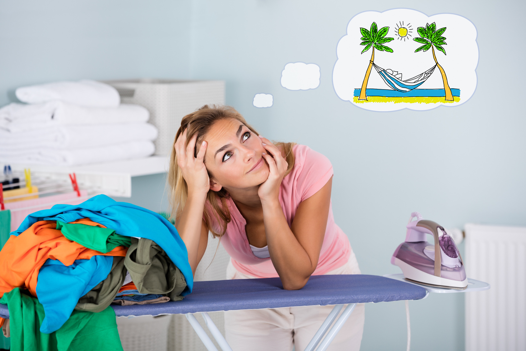 Woman Dreaming Near Ironing Board